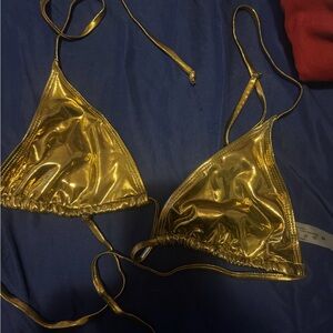 Shiny Gold Bikini Top,bottom and coverup skirt